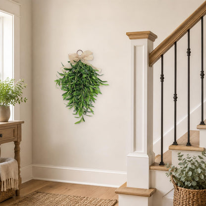Artificial Olive Teardrop Swag Wreath for Front Door - 22 Inch Faux Greenery Wall Decor with Burlap Bow - Farmhouse Olive Branch Swag for Indoor Kitchen Entryway Wedding Arch