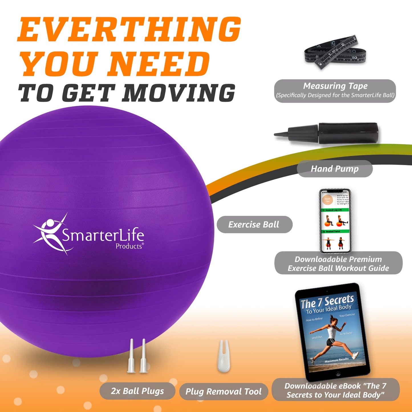SmarterLife Exercise Ball Yoga Ball for Fitness, Balance, Stability, or Pregnancy, Gym Ball for Core Workout, Physical Therapy, Yoga Ball Chair for Office, Anti-Slip Anti-Burst