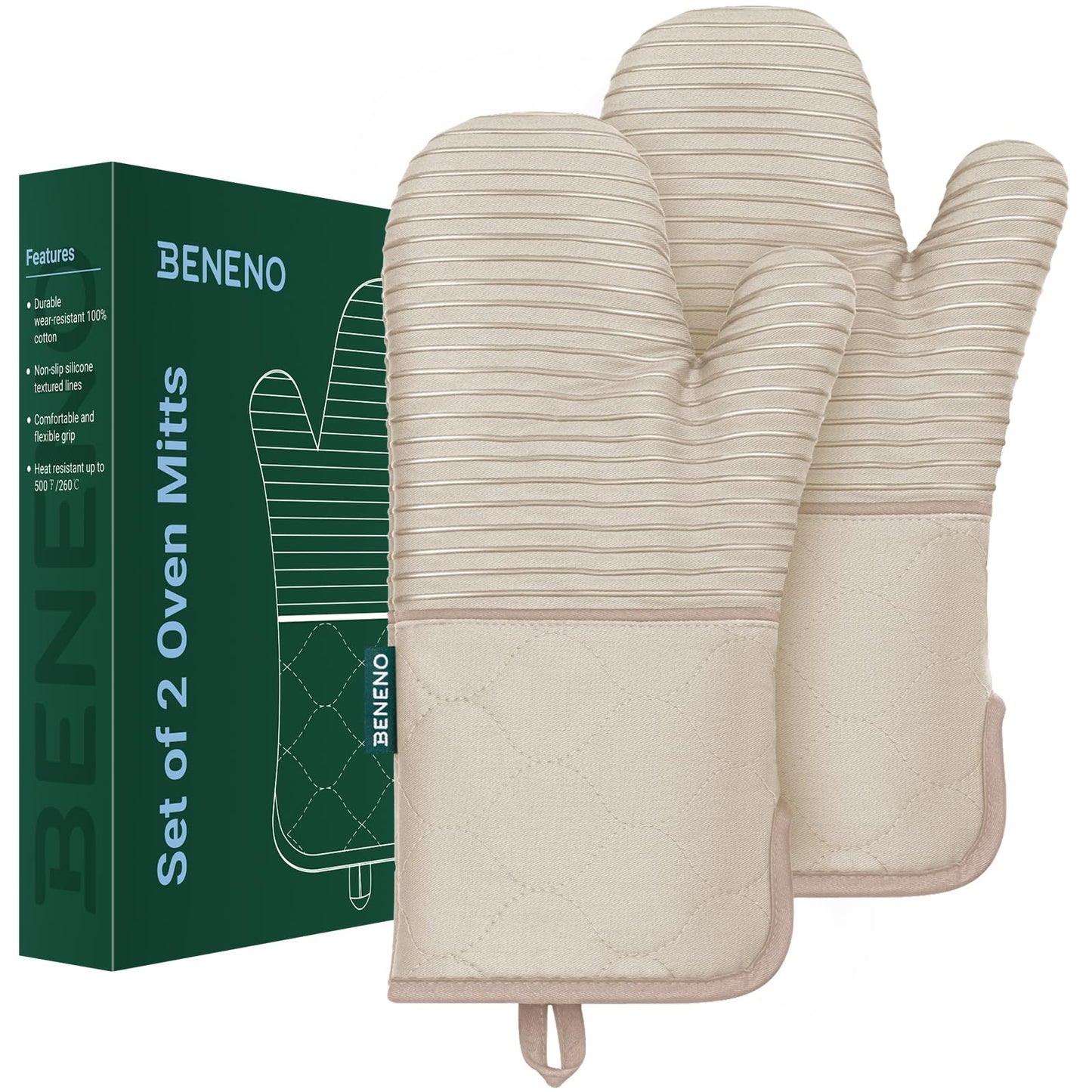 Beneno Kitchen Oven Mitts 2-Pack Heat Resistant to 500°F with Non-Slip Silicone Grip, Extra Long 14.3" Forearm Protection, Soft Quilted Cotton Terry Lining, Ideal for Cooking, Baking, Grilling, Beige