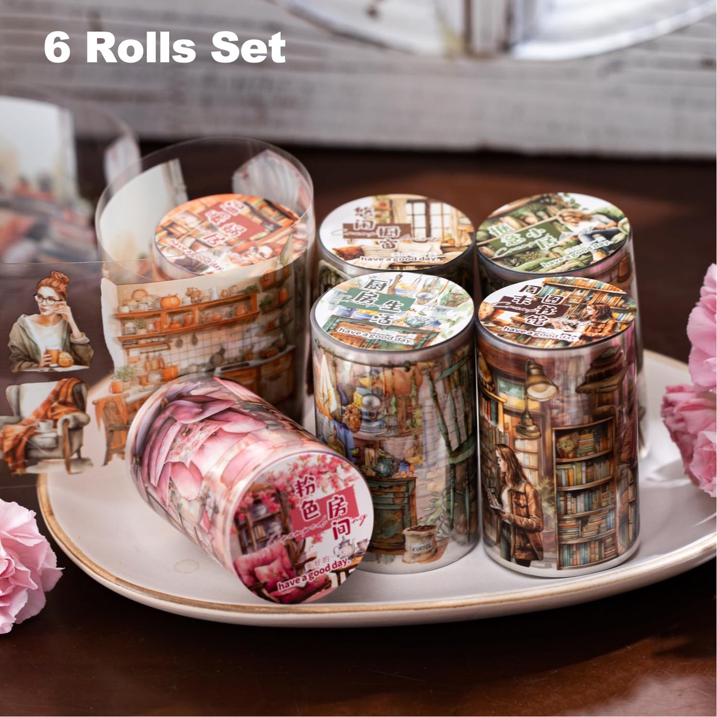 MiyouLuna 6Pcs Living Theme PET Tapes, Home Tapes for Journaling, Scrapbook Supplies, and Junk Journal Ephemera, with Decorative Clip