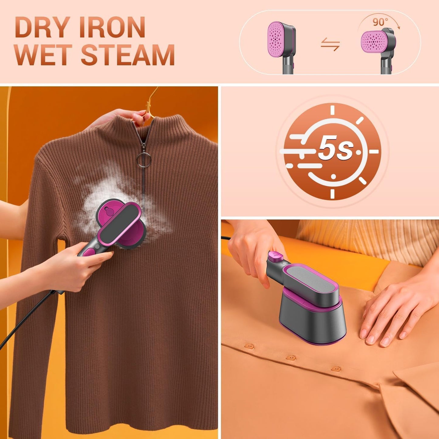 Handheld Clothes Steamer, 2000W Powerful Iron, 9-Second Fast Heat-up, 2 in 1 Fabric Wrinkle Remover for Home Travel