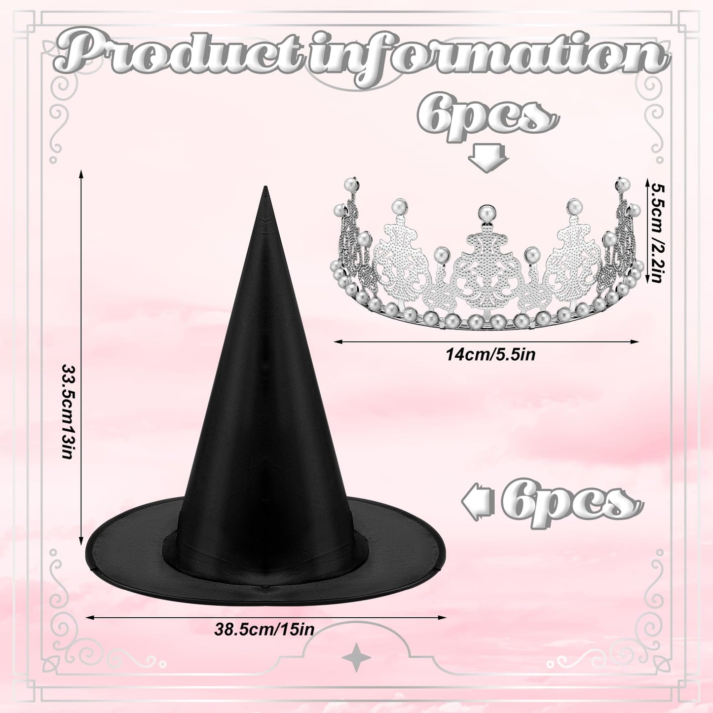 Chicingyou 12 Pcs Princess Crowns and Witch Hats Set, Pink and Green Party Decorations, Royal Queen Crown Black Wizard Hats for Princess Witch Themed Party Decor Gift