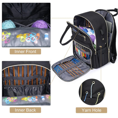 kadilong Knitting Bag Crochet Backpack for Crocheters,Yarn Organizer Storage for Knitters Travel,Large Capacity Crochet Bag Yarn Storage Tote Bag with USB Port Knitting Gifts for Women