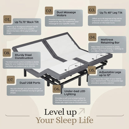 Sven & Son Classic Adjustable Bed Base, Head and Foot Lift, Massage, Under-Bed Lights, USB, Memory, Zero Gravity Smart Frame - King