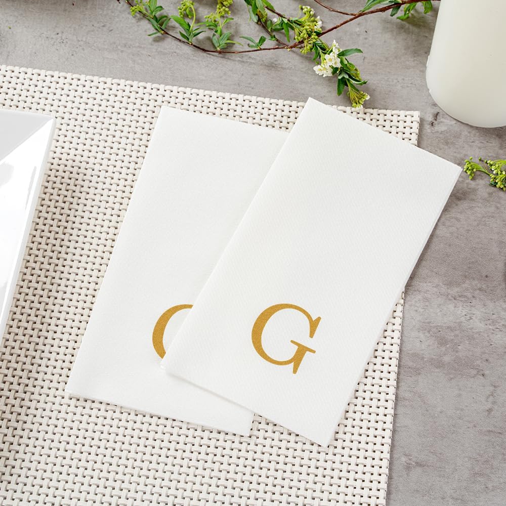 15.8 7.9 Inch 50 Luxenap X Linen-Feel Guest Towels, Lettered Hand Towels - Gold Letter 'G', Sans Serif Font, White