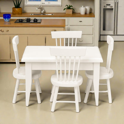 Miniature Dollhouse Dining Table and Chairs – Set 5pcs 1/12 Scale for Doll House, White Wooden Furniture Model, Mini Classic Decoration Accessories DIY Hobby Gift for Kitchen, Breakfast Room