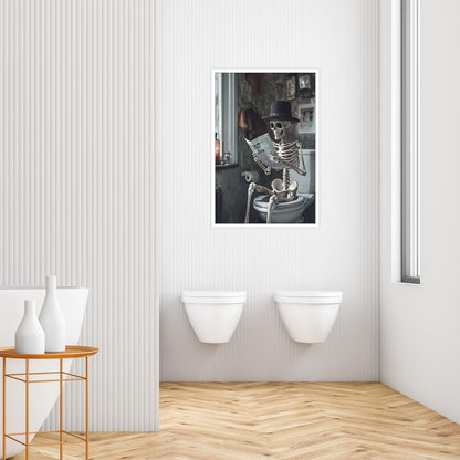 Funny Horror Skeleton Reading A Newspaper In The Toilet Print Picture Poster Whimsical Creepy Canvas Painting Wall Art Home Bathroom Room Decor Aesthetics 12X18 in Unframed