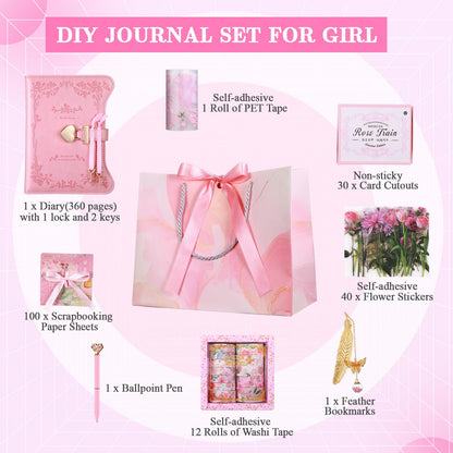 Janlaugh DIY Journal Diary with Lock Set Scrapbook Kit Stationary Diary Supplies Art Crafts Kit for Birthday Holidays Ideal Gifts for Women Teen Girls(Pink,Classic)