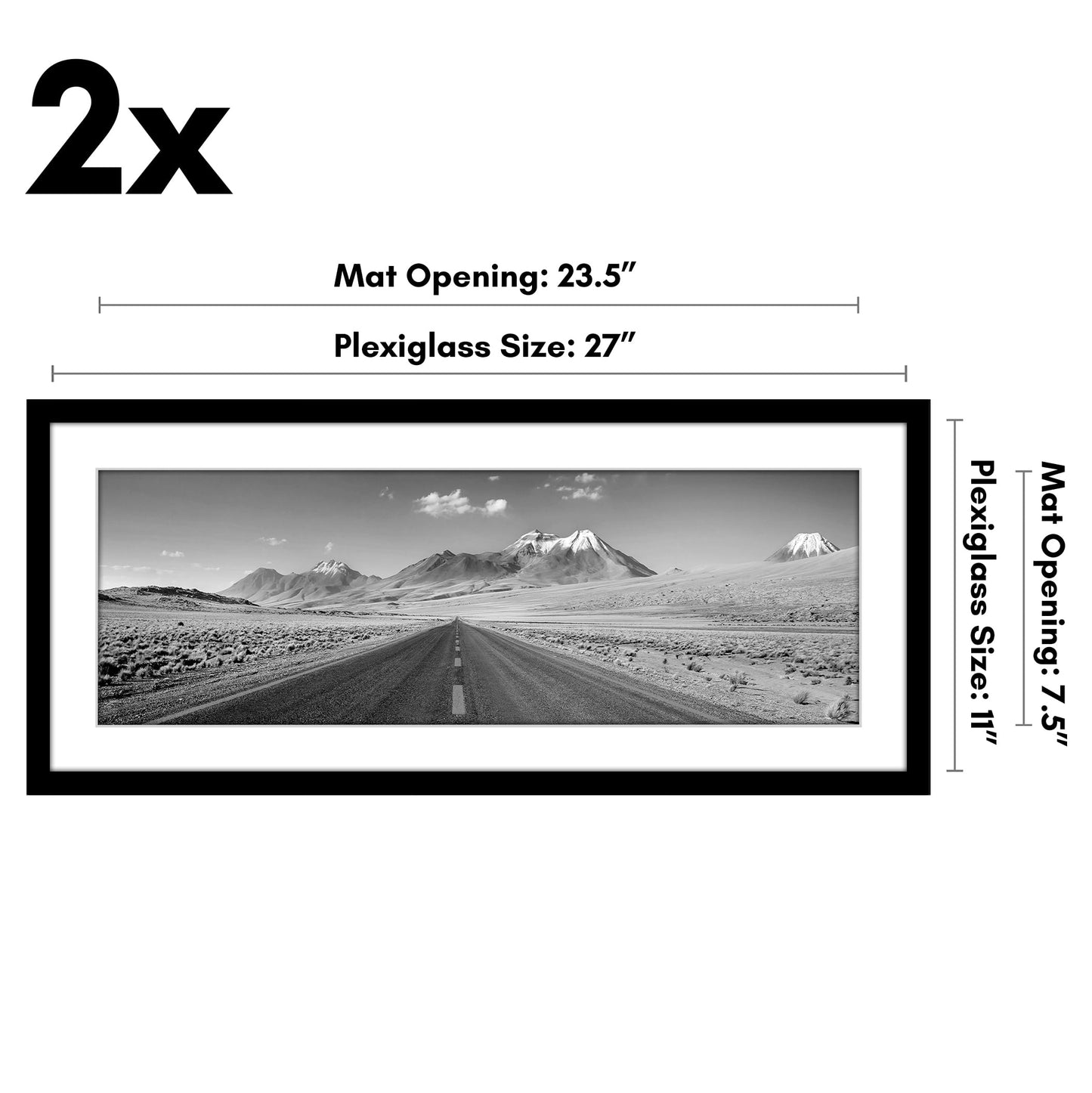 Americanflat 11x27 Picture Frame with Polished Plexiglass - Set of 2 - Use as 8x24 Frame with Mat or Display 11x27 Photo Without Mat - Galleria Collection - Picture Frames for Wall Display - Black