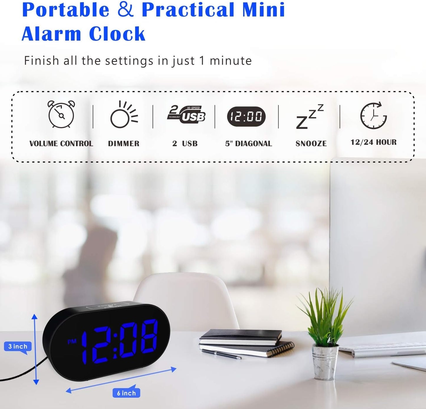 Plumeet [Updated Version] LED Alarm Clock with Adjustable Brightness Dimmer, Blue Digit Display, USB Port, Navy Blue