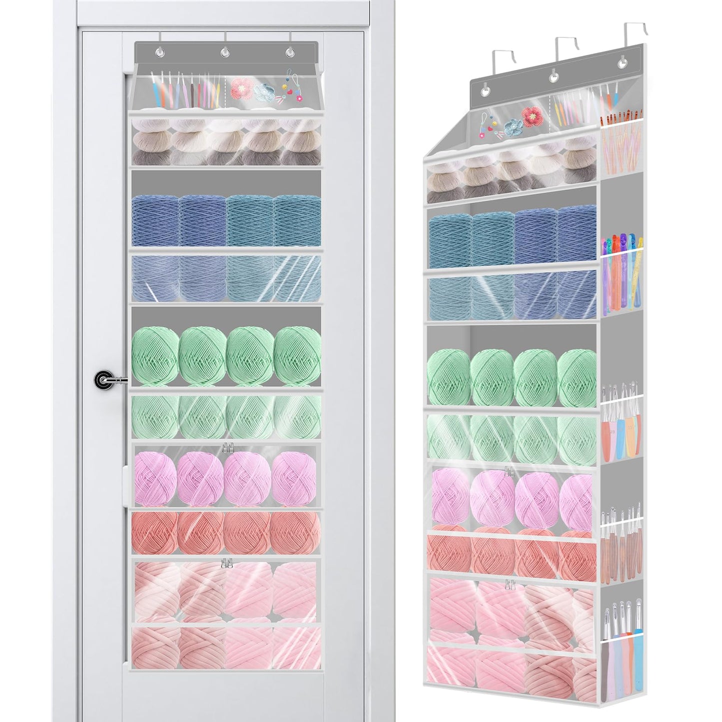 Mdoker Hanging Yarn Storage Organizer with Zippered Closure Compartments Large Capacity Crochet Storage Organizer,Transparent Over the Door Hanging Bag for Knitting Supplies