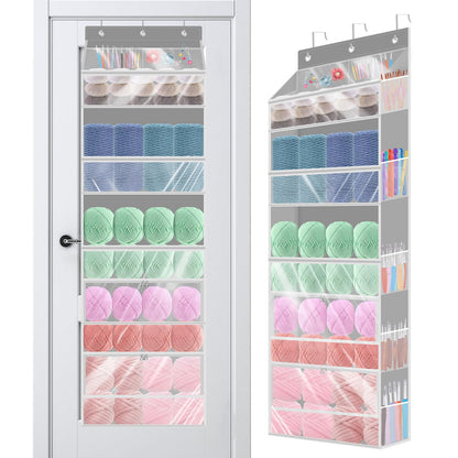 Mdoker Hanging Yarn Storage Organizer with Zippered Closure Compartments Large Capacity Crochet Storage Organizer,Transparent Over the Door Hanging Bag for Knitting Supplies