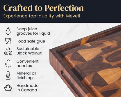 Mevell Walnut End Grain Cutting Board for Kitchen, Reversible Extra Large Wooden Butcher Block With Juice Grooves, Made in Canada (Walnut, 20x13x2)