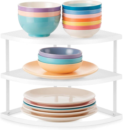 ROFAY 3-Tier Counter Metal Corner Shelf Plate Organizer for Kitchen & Cabinet, Corner Rack for Plates, Dishes, Pantry