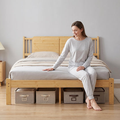 Askeld Bamboo Queen Bed Frame with Headboard, 14 inch Wood Platform Bed Frames Queen Size No Box Spring Needed, Rustic Farmhouse Heavy Duty Bedframe Noise Free, Easy Assembly
