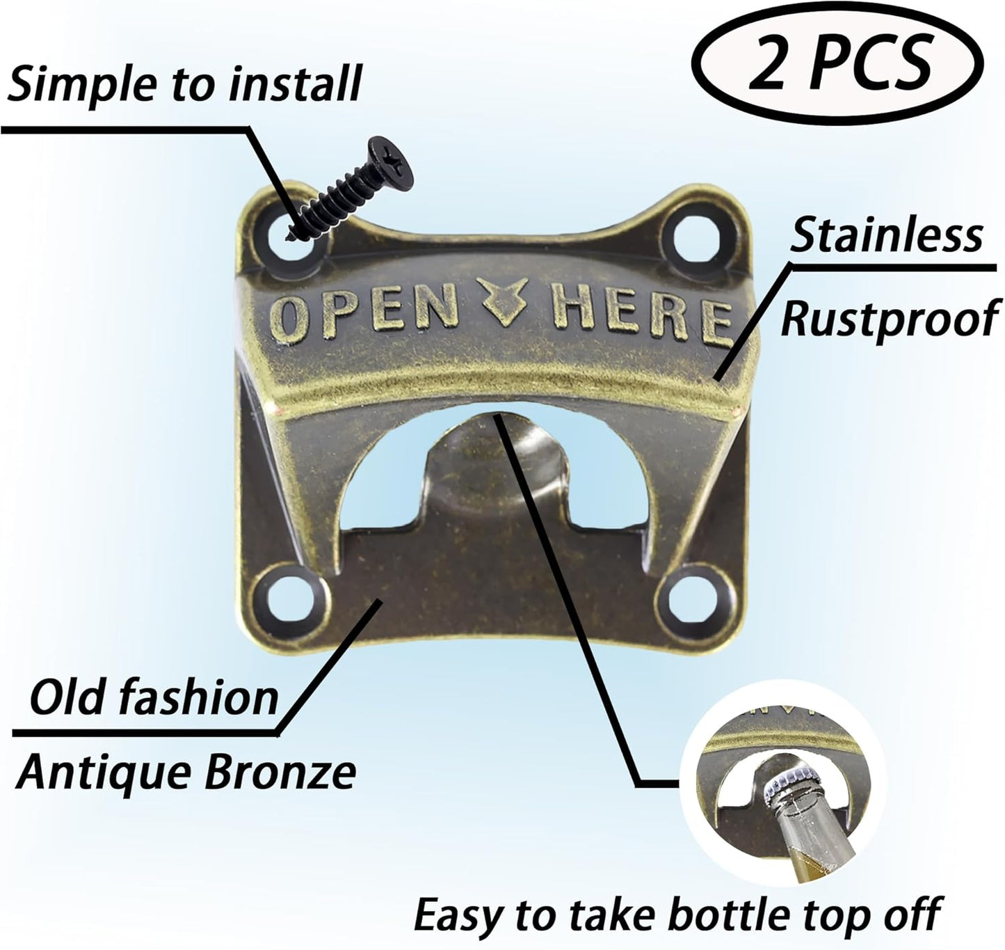 Wall Mounted Bottle Opener, Rustproof Square Old Style Beer Cap Opener, Antique Bronze Stationary for Outdoor (Pack of