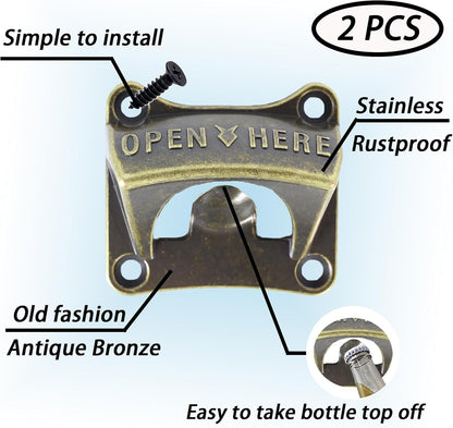 Wall Mounted Bottle Opener, Rustproof Square Old Style Beer Cap Opener, Antique Bronze Stationary for Outdoor (Pack of