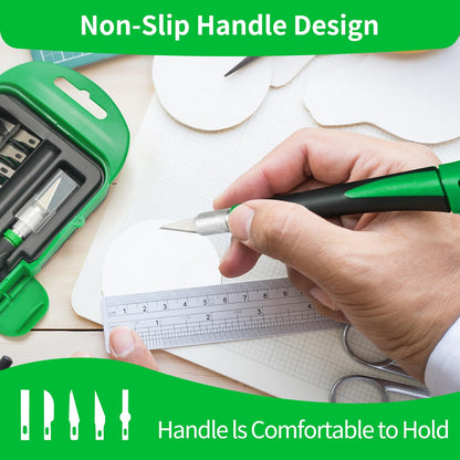 Precision Craft Knife Set with 15 Replacement Blades - Ergonomic Non-Slip Handle Hobby and Exacto Knife Set with Protective Cover for Art, Scrapbooking, Architecture Modeling, Stenciling (Green)