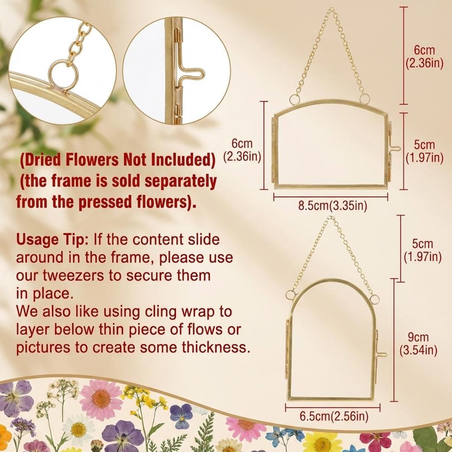 FOCHIER 4 Pcs Double Glass Frame for Pressed Flowers Floating Hanging Photo Frame 3x2 in Brass Clear Pressed Flower Decor with Chain for Display Gallery Artwork, Horizontal Vertical, Gold