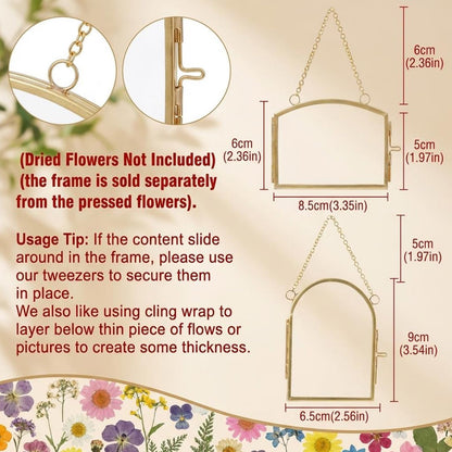 FOCHIER 4 Pcs Double Glass Frame for Pressed Flowers Floating Hanging Photo Frame 3x2 in Brass Clear Pressed Flower Decor with Chain for Display Gallery Artwork, Horizontal Vertical, Gold