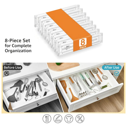 Casaverra Acrylic Drawer Dividers – Adjustable 11–20.8 Inch Expandable Deep Dresser Drawer Dividers – Clear Plastic Drawer Separators for Baby Clothes, Underwear, Kitchen & Office Storage.