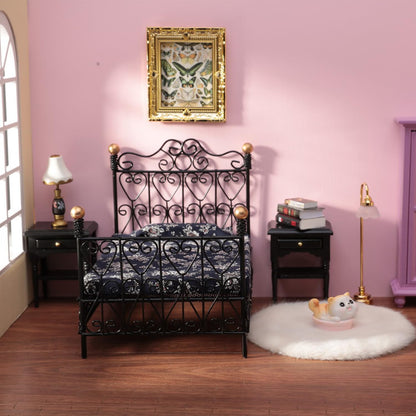 Minamzee 8Pcs 1:12 Dollhouse Bedroom Furniture Set Miniature Black Metal Bed with Bedding, Wooden Bedside Table, Lamp, Books, Murals for Master Bedroom Dollhouse Furniture Decorations Accessories