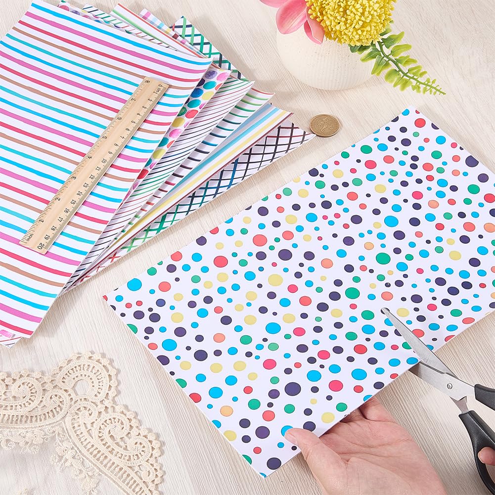 CALFOVERA 7PCS 12.99 x 7.9 Inch PU Leather Polka Dots Printed Texture Faux Leather Stripe Rainbow Sheets Colorful Geometric Leatherette Fabric Synthetic Vinyl Roll for Earrings DIY Crafts Making