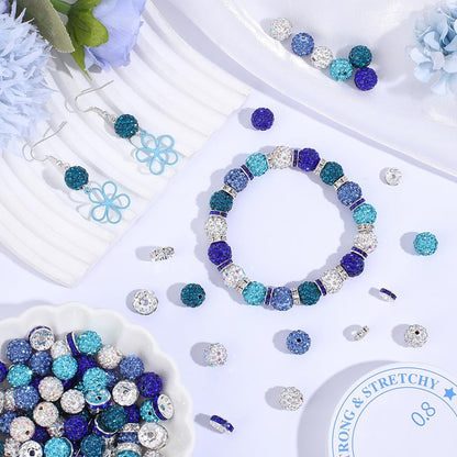 PONABEADIY 150PCS Blue Rhinstone Sparkly Beads Kit with Elastic Crystal Thread Round Spacer Polymer Clay Iron Brass Charms Loose Spacer Bead Bulk for Jewelry Making Bracelets Necklace DIY Craft Supply