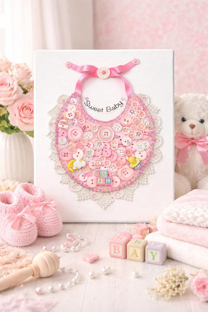 DIY Baby Bib Button Art Canvas Kit – Sweet Baby Nursery Craft Kit with Buttons, Gems & Ribbon – 8x10 Canvas Wall Decor