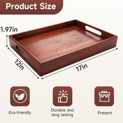 17 12 Inch Acacia Wood Serving Tray with Handles, x Large Wooden Tray for Food & Drinks, Coffee Table, Ottoman