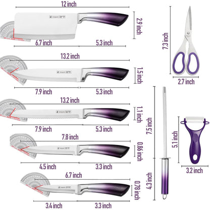 KOSHA Kitchen Knife Set, 9 Piece Knife Set with Block, with Sharpener, High Carbon Stainless Steel Accessories for Kitchen, Rust Proof, Non-Stick Coated, Ergonomic Hollow Horseshoe-shaped Handle