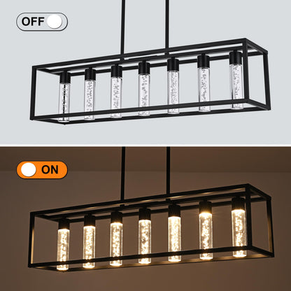 VINLUZ LED 7 Light Contemporary Dining Room Chandelier,Farmhouse Hanging Ceiling Kitchen Island Lighting in Matte Black Finish Rectangle Modern Pendant Light Adjustable Height