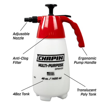 Chapin 1002 Handheld Pump Sprayer, 48oz, Multi‑Purpose, Lawn & Garden, Translucent Poly Tank, Wide‑Mouth Opening, Adjustable Cone Nozzle & Anti‑Clog Filter for Weed, Fertilizer & Pest Applications