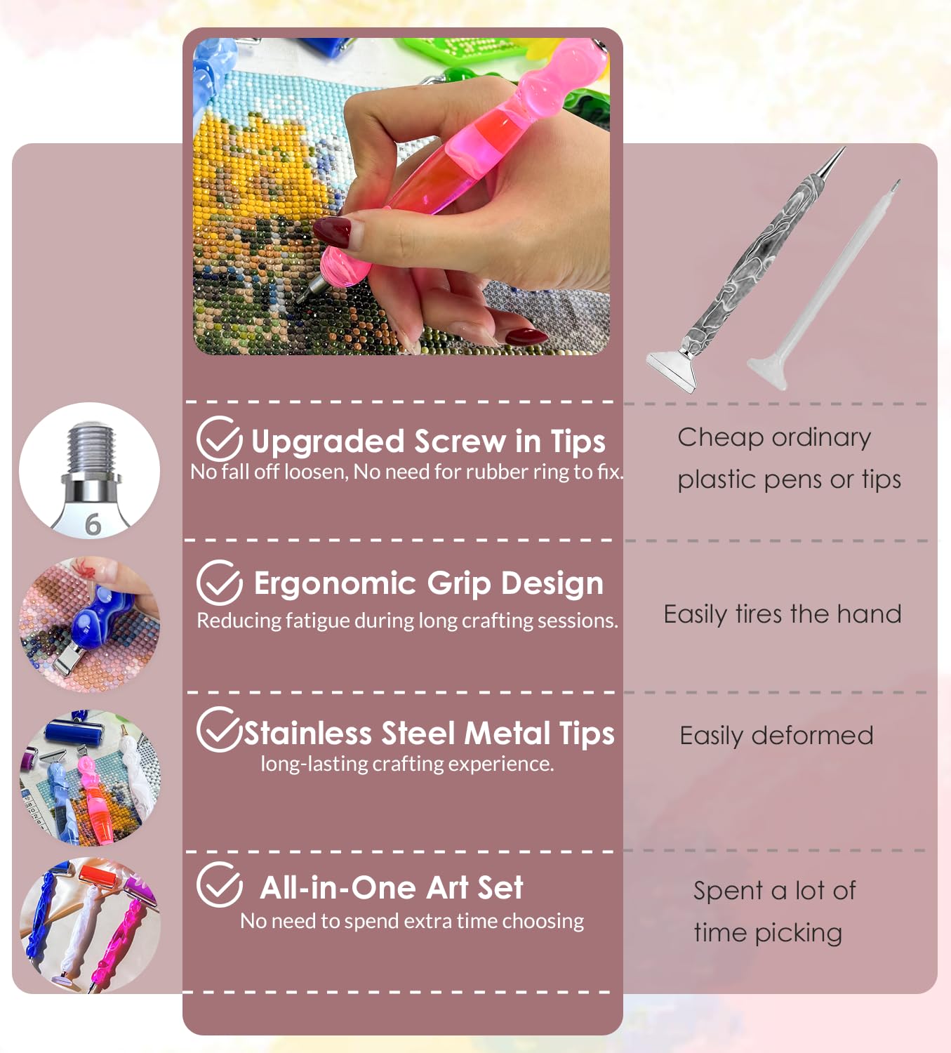 Hailivike 17PCS Pink Diamond Painting Pens, Upgraded Stainless Steel Tips Diamond Art Pens No Loosen