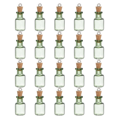 HARFINGTON 20 Pcs Mini Glass Bottles Jars, Square Small Cute Glass Jars Vials Pendants Small Vials Wishing Bottle with Cork Stoppers and Eye Screws for DIY Crafts Wedding Favors, Green