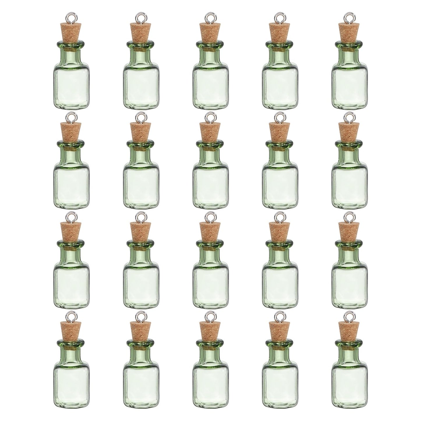 HARFINGTON 20 Pcs Mini Glass Bottles Jars, Square Small Cute Glass Jars Vials Pendants Small Vials Wishing Bottle with Cork Stoppers and Eye Screws for DIY Crafts Wedding Favors, Green