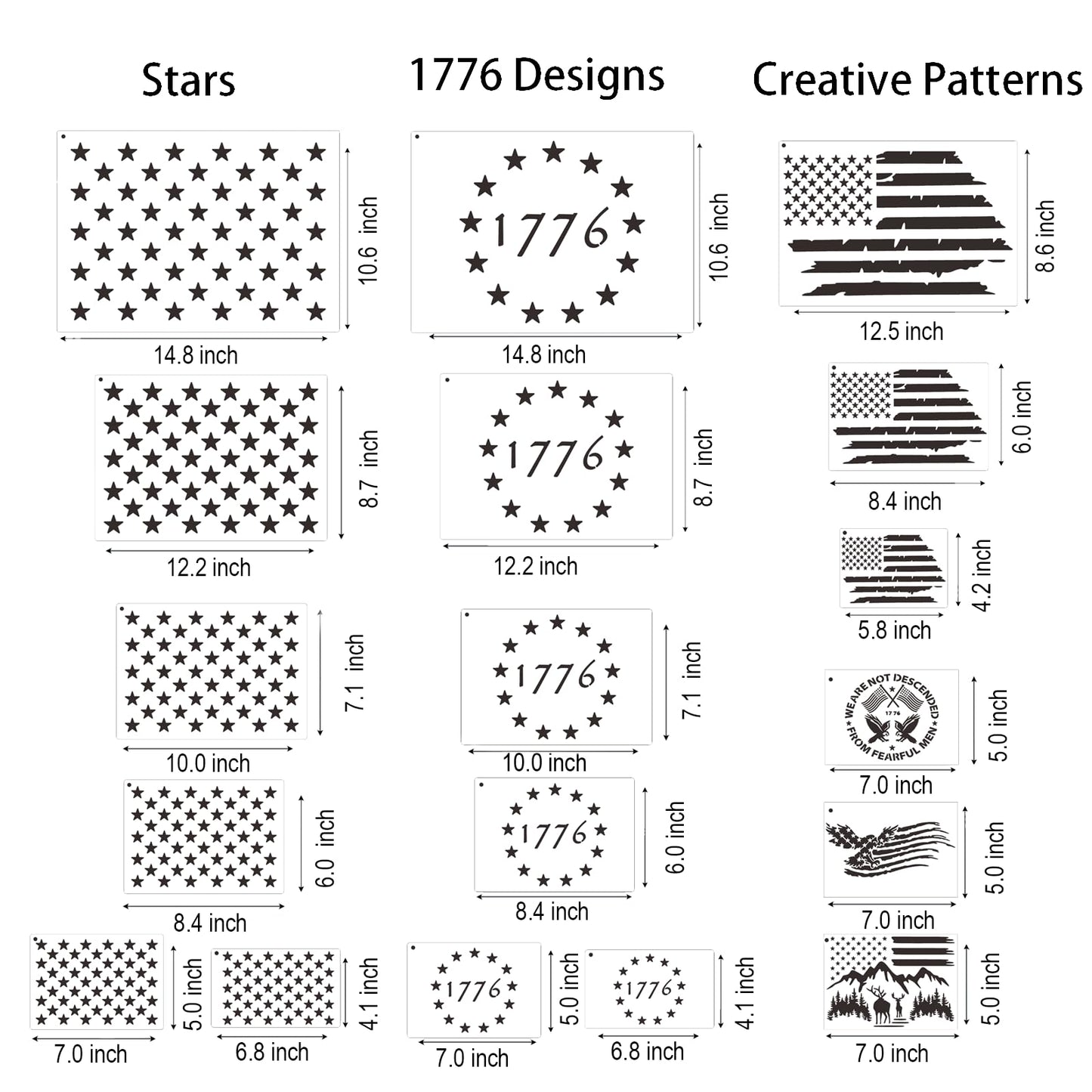 18 Pcs Large American Flag 50 Star Stencils for Painting, Reusable Patriotic 4th of July Stencil Kit with 1776 Designs for DIY Wood Signs, Wall, Canvas & Fabric Crafts