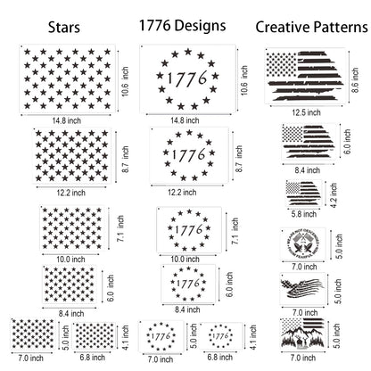 18 Pcs Large American Flag 50 Star Stencils for Painting, Reusable Patriotic 4th of July Stencil Kit with 1776 Designs for DIY Wood Signs, Wall, Canvas & Fabric Crafts