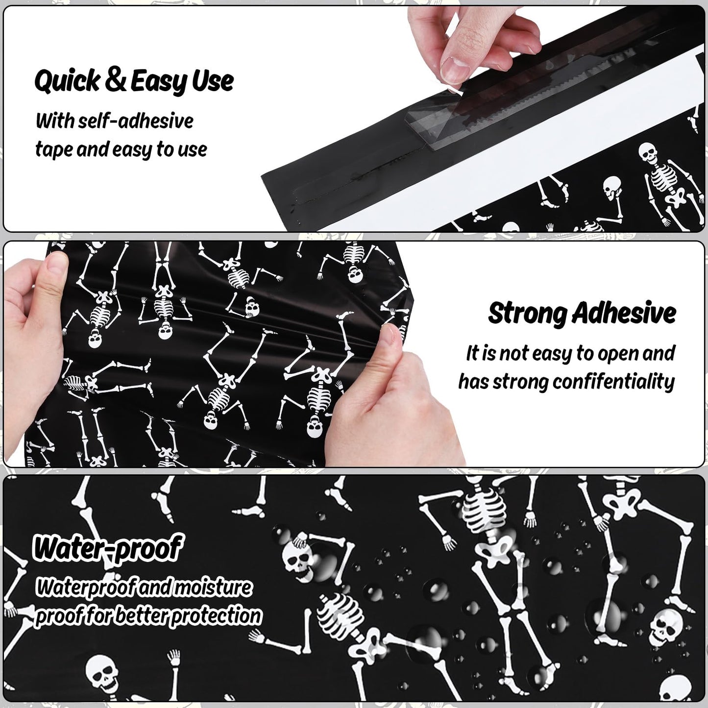 JarThenaAMCS 100Pcs Halloween Poly Mailers 10 x 13 Inch Black Dancing Skeleton Packaging Bags Self Seal Mailing Envelope Bags for Small Business Clothing