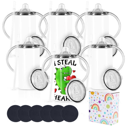Wzaytia 12 Oz Sublimation Sippy Cup 6 Pack, Kids Sublimation Sippy Tumblers, Stainless Steel Todder Water Bottle