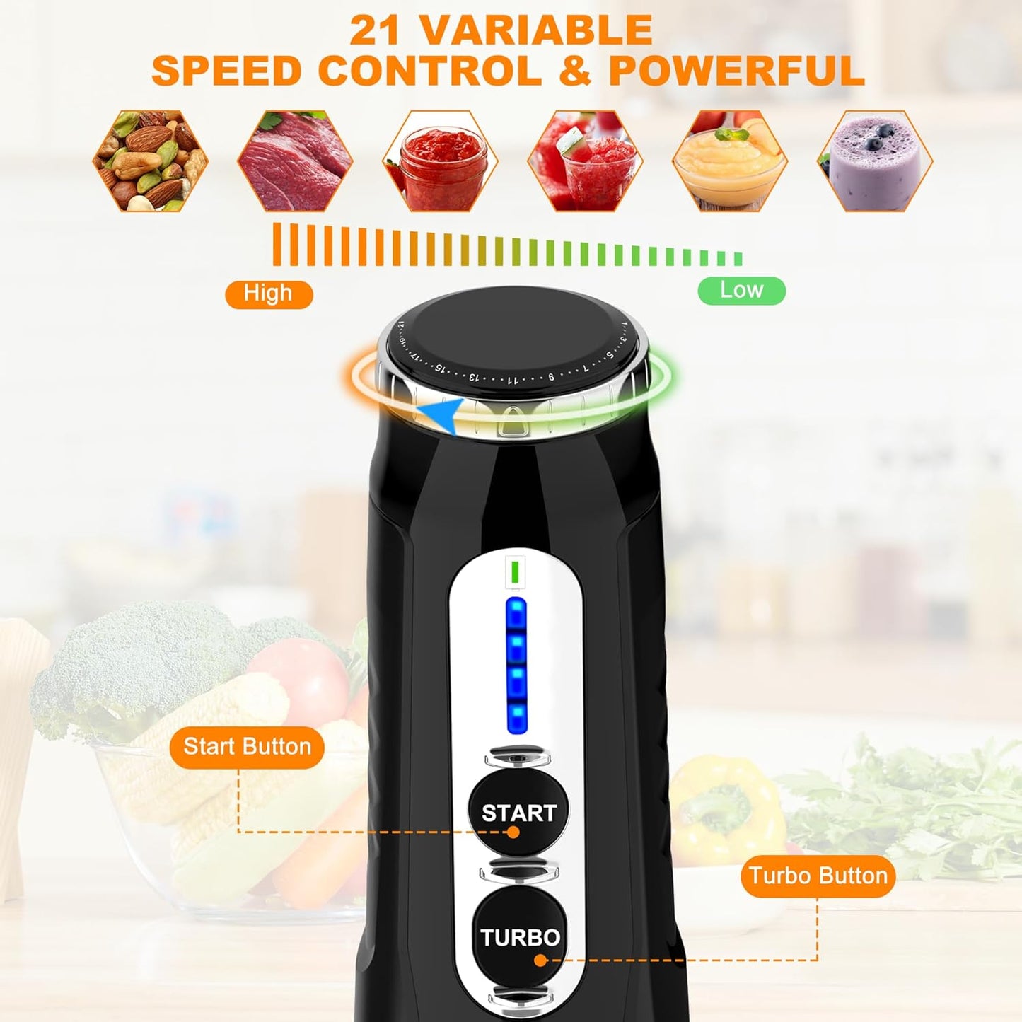 Electric Hand Blender Stick: 3-Angle Adjustable with Variable 21-Speed Control for Milkshakes | Smoothies | Soup |
