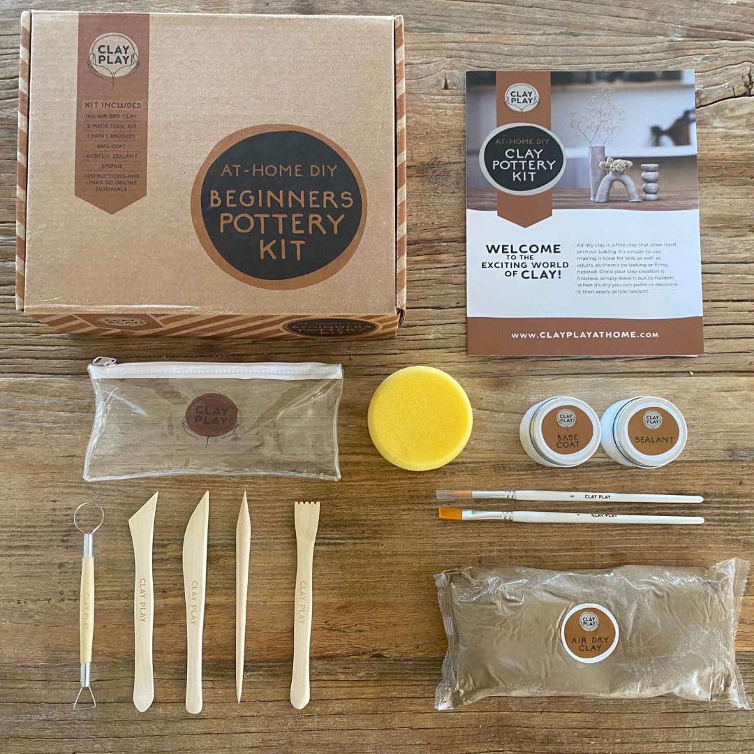 Clay Play at Home DIY Beginner Pottery Kit for Adults with Instructions and Online Tutorials, Air Dry Sculpting Clay, Tool Kit, Base Coat and Sealant for Date Night or Hobbist
