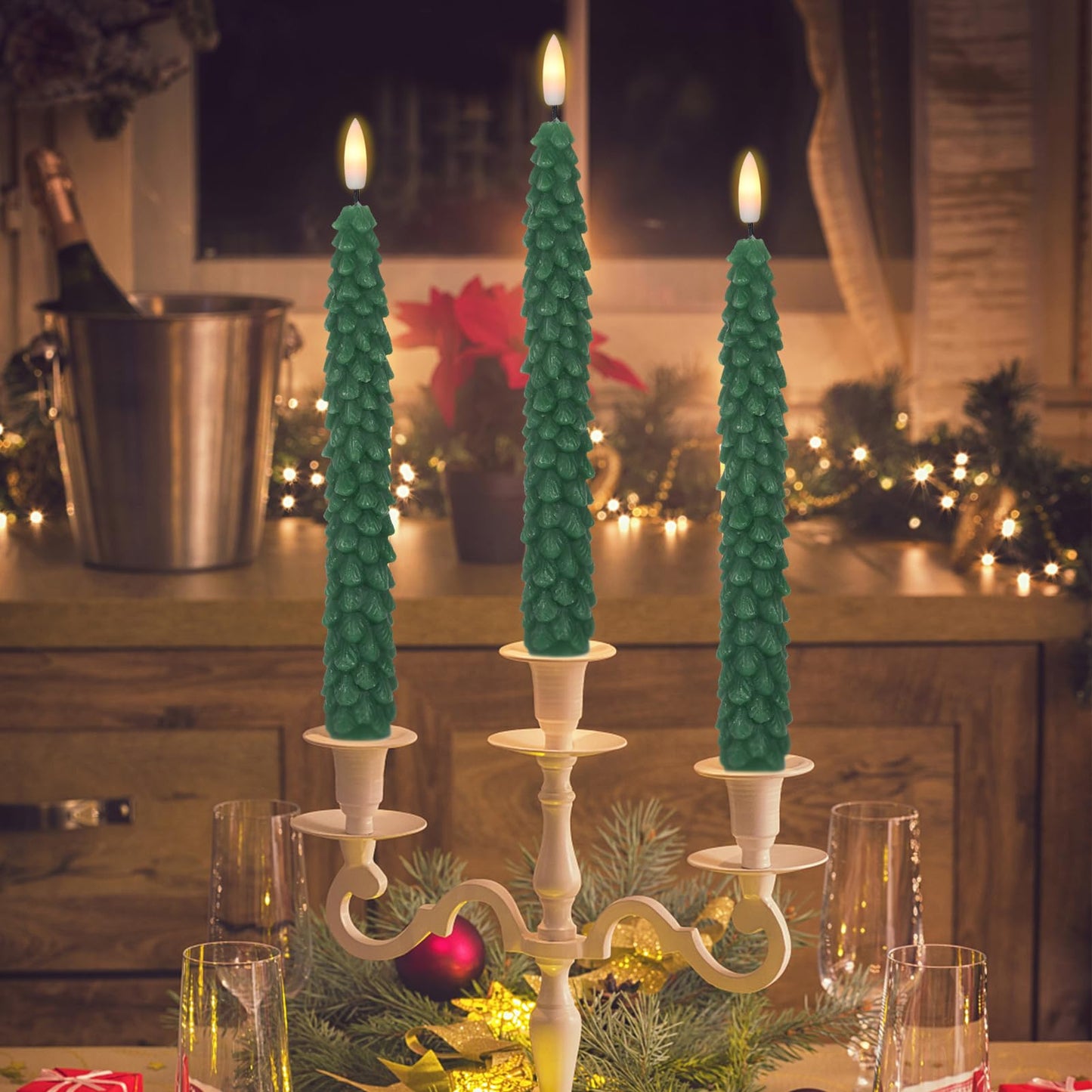 DRomance Christmas Tree Flameless Taper Candles Battery Operated with 10-Key Remote and Cycle Timer 4 Pack Real Wax 3D Wick Flickering LED Candlesticks Holiday Decor(Green, 0.79 x 9.9 Inch)