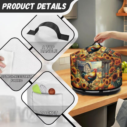 Slow Cooker Dust Cover with Oval Rooster Sunflowers Print, Fits 6-8 Quart Slow Cooker, Pocket Included