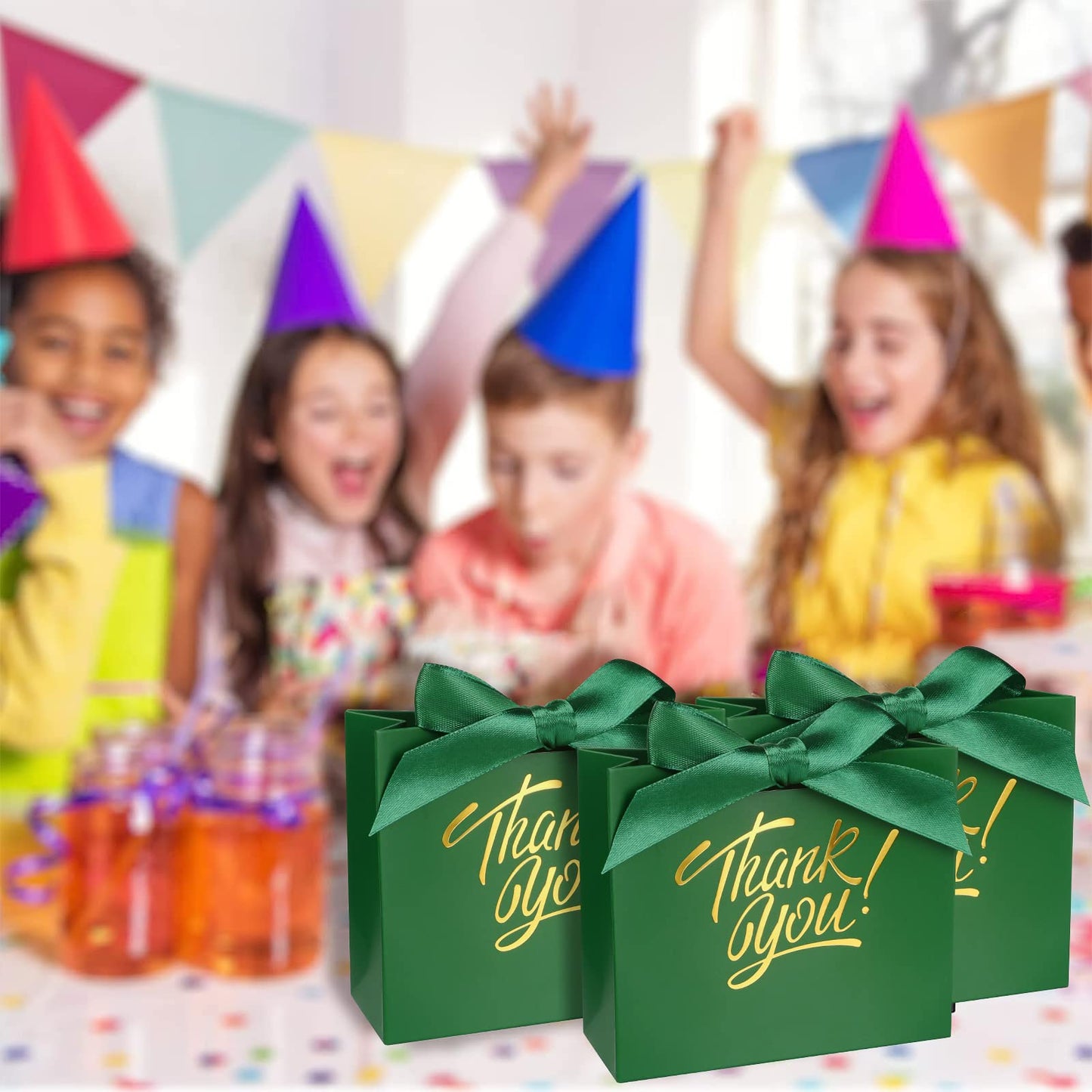 KPOSIYA 100 Pack Small Thank You Gift Bags, Green Party Favor Bag with Ribbon
