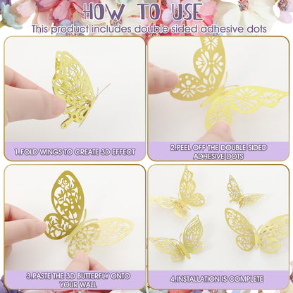 Wavyknot 342 Pcs Faux Flower Heads and 3D Butterfly for Craft Bulk DIY Graduation Cap Decorations Accessory Kit Small Silk Fake Floral Head Gold Butterfly for Wedding Bouquet Graduation Cap Decor