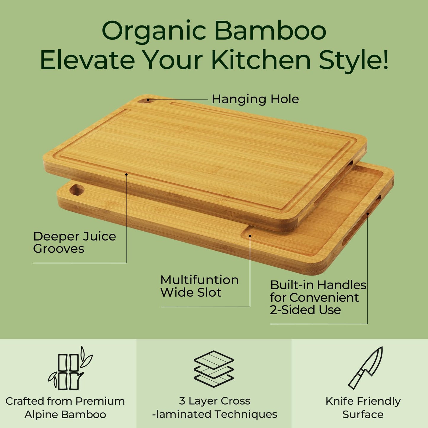 Bamboo Cutting Board, Durable Wood Cutting Boards for Kitchen with Deep Juice Grooves & Built-in Handles, Ideal Charcuterie & Chopping for Meat, Vegetables and Fruits Ideal Kitchen Gifts