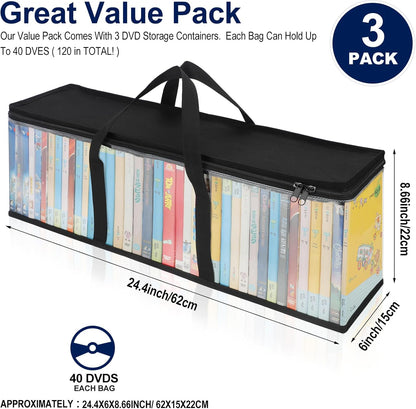 CCidea DVD Storage Bags Set of 3, Clear PVC Media Holder Case with Handles for DVDs/CDs/VHS - Holds 40 DVDs