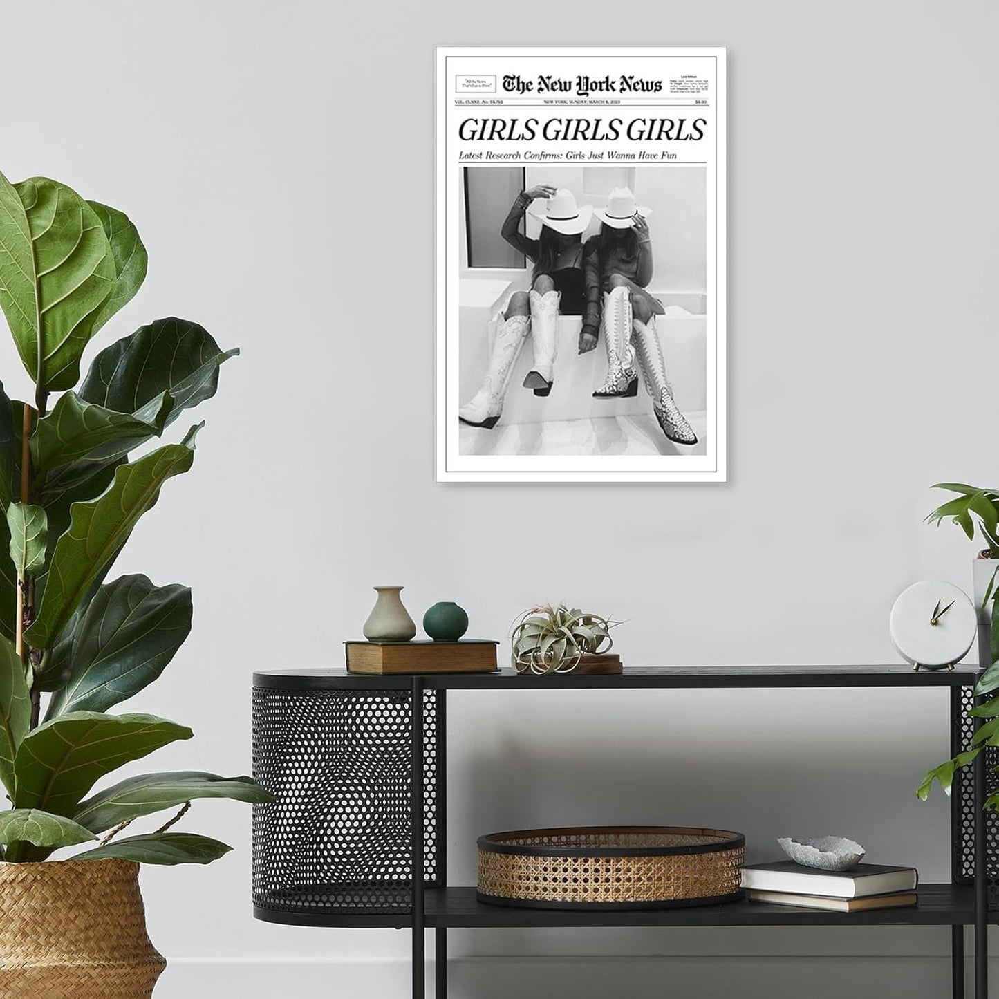 FBKDVC 24x36in Trendy Coastal Cowgirl Newspaper Wall Art Print Poster Black Canvas Wall Art Prints Girls Just Wanna