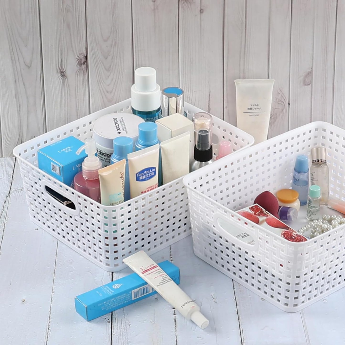 Obstnny Plastic Storage Baskets for Organizing - Set of 4 White Plastic Basket Bins